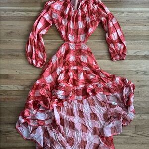 Red and White High Low Sundress with Bishop Sleeves
